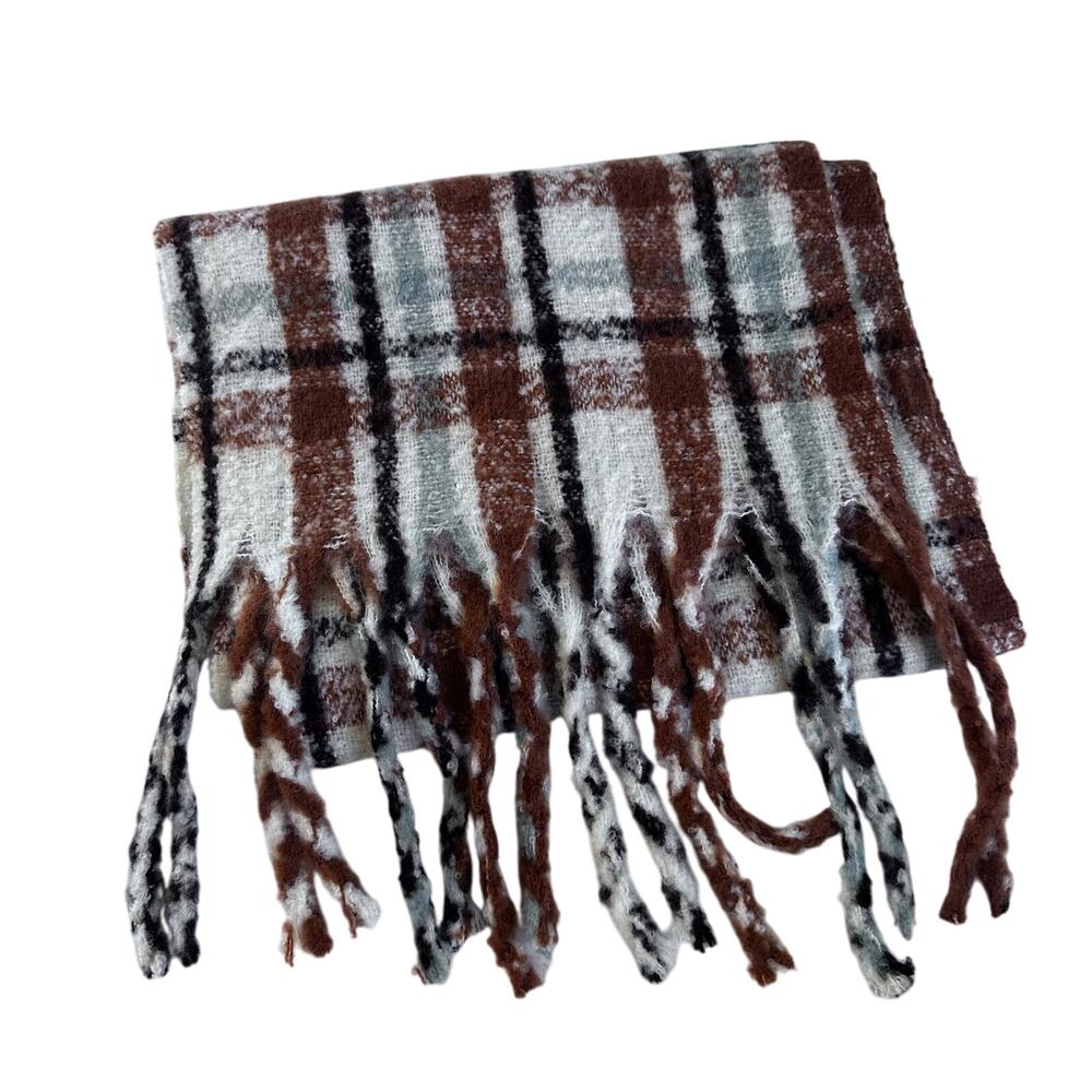 A New Day Plaid Fringe Blanket Scarf - Neutral Colors